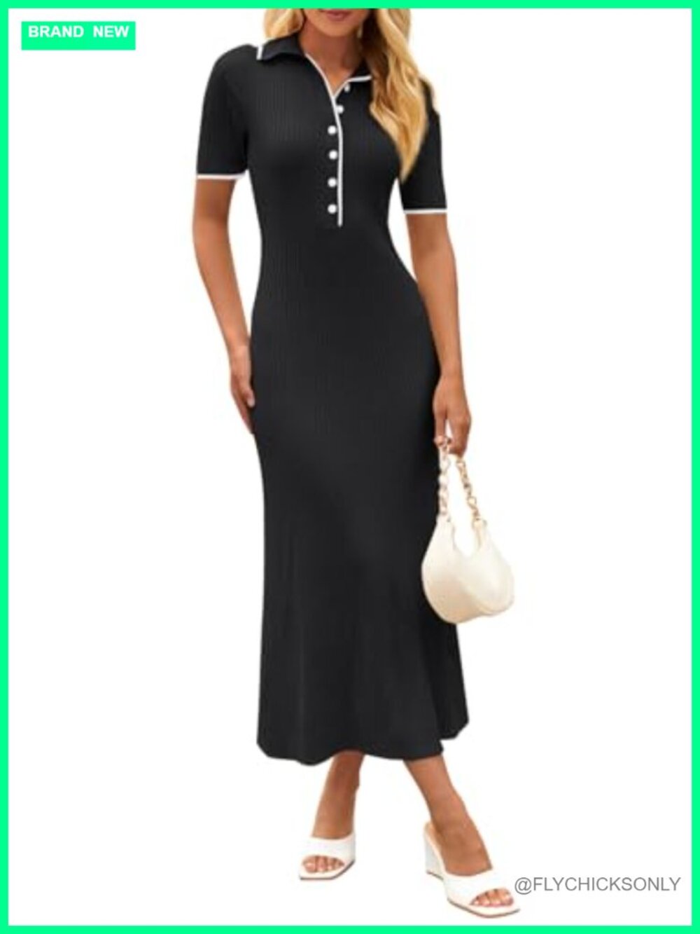 Women's Summer Business Work Maxi Bodycon Sweater Dress Button Front V-Neck